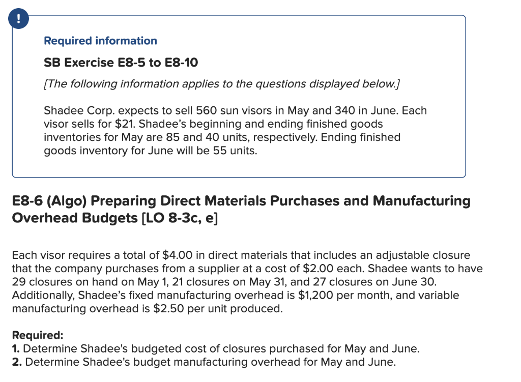 ! Required information SB Exercise E8-5 to E8-10 [The following information