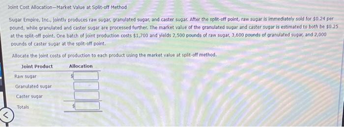  Joint Cost Allocation-Market Value at Split-off Method Sugar Empire, Inc., jointly