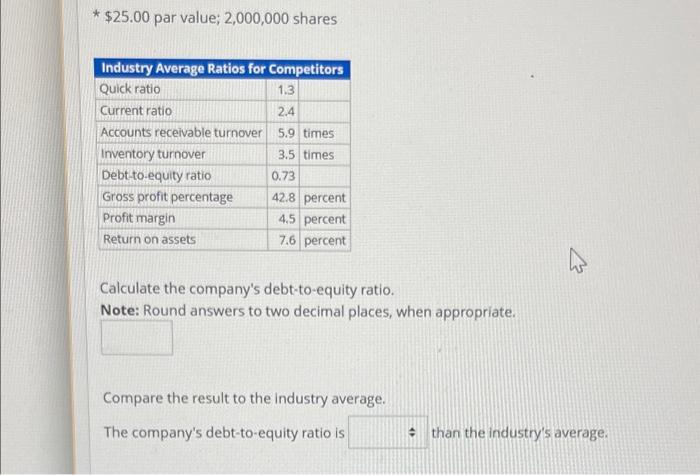 * $25.00 par value; 2,000,000 shares Calculate the company's debt-to-equity ratio. Note: