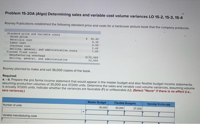  Problem 15-20A (Algo) Determining sales and variable cost volume variances LO