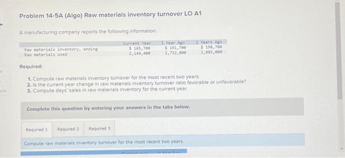  1. Compute raw materials inventory turnover for the most recent two