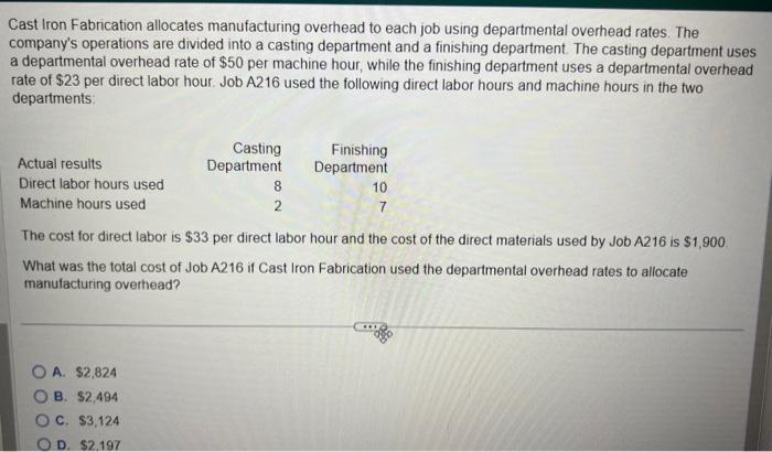  Cast Iron Fabrication allocates manufacturing overhead to each job using departmental