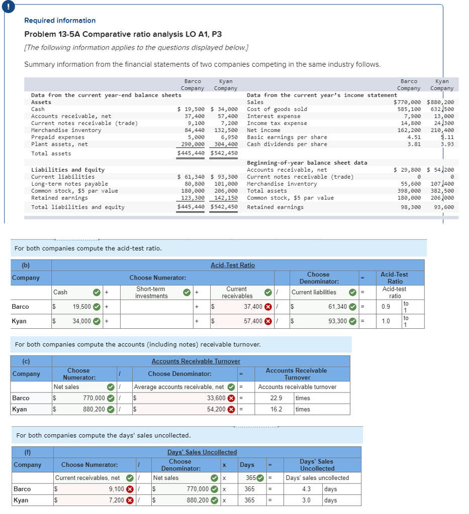  Required information Problem 13-5A Comparative ratio analysis LO A1, P3 [The
