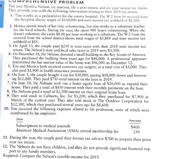  CUIVPREHENSIVE PROBLEM Tim and Monica Nelson are married, file a joint