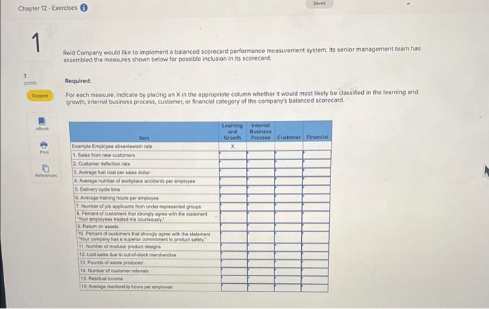 Please help! Reid Company would like to implement a balanced scorecard performance