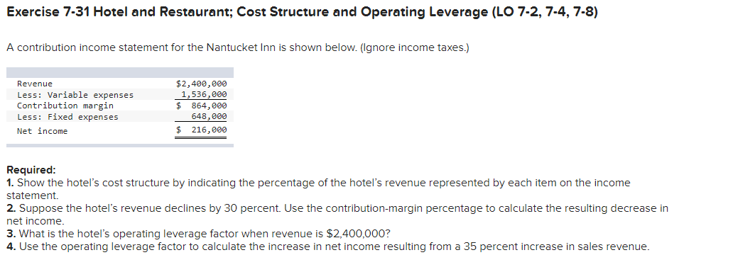  Exercise 7.31 Hotel and Restaurant; Cost Structure and Operating Leverage (LO
