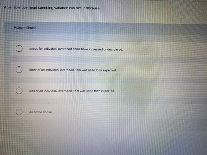  A vanable overhead spending variance can occur because Multiple Choice prices