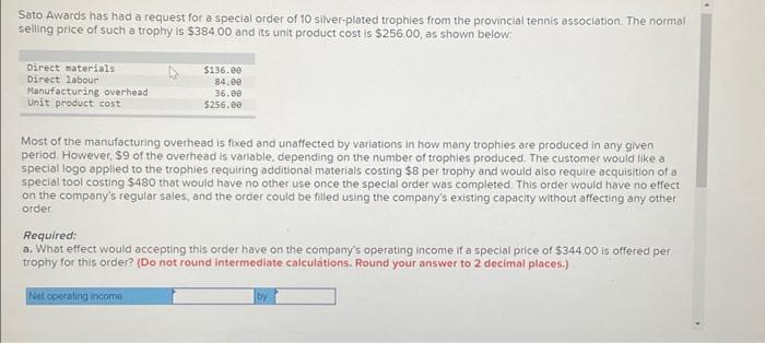  Sato Awards has had a request for a special order of