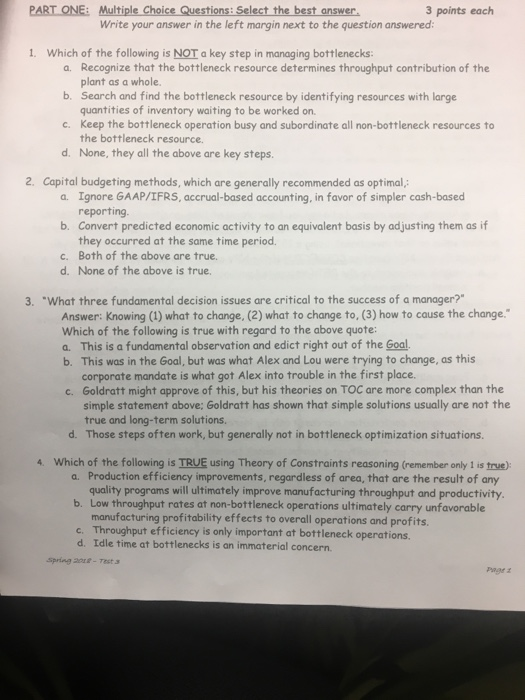  PART ONE: Multiple Choice Questions: Select the best answer 3 points