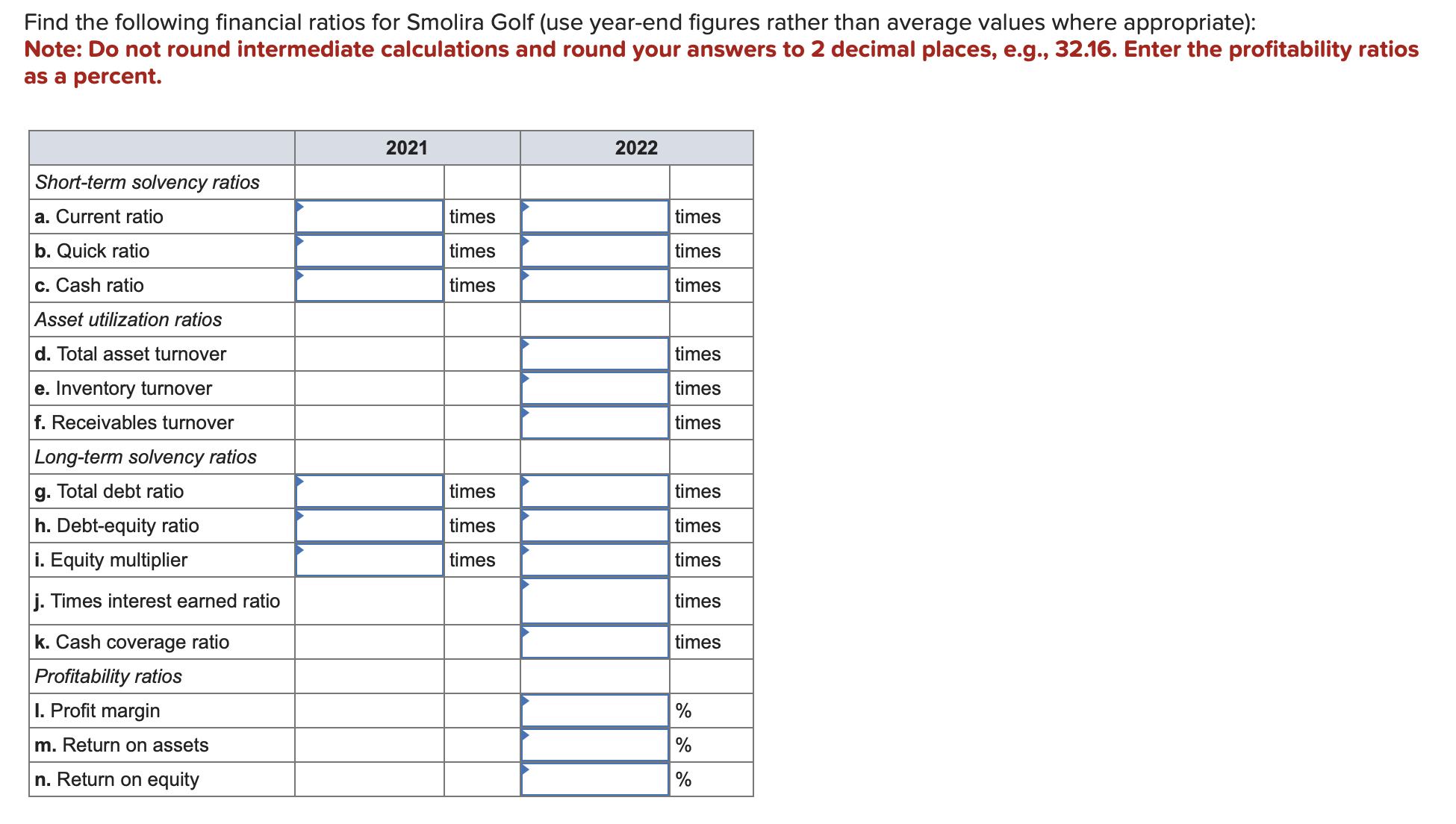 for Smolira Golf, Incorporated, follow. Find the following financial ratios for Smolira