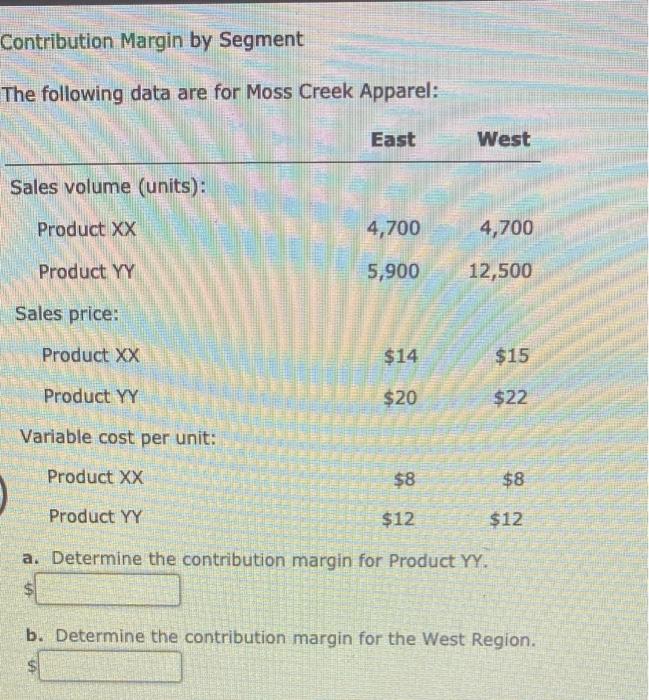  Contribution Margin by Segment The following data are for Moss Creek