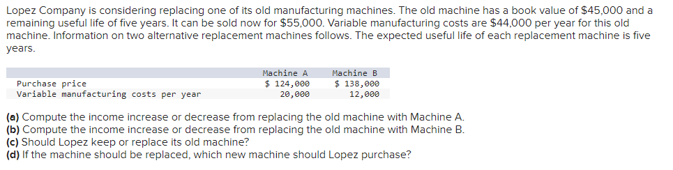 Compute the income increase or decrease from replacing the old machine