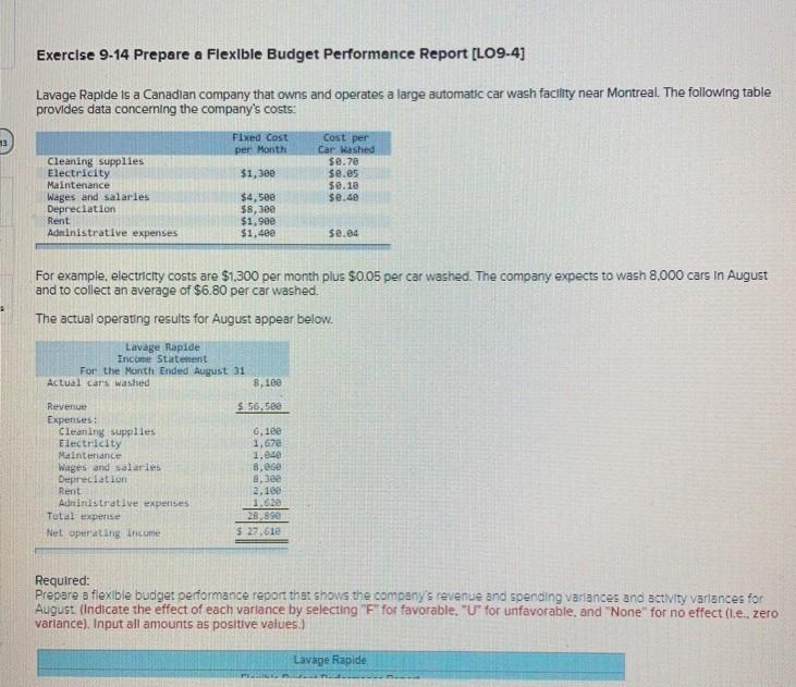 Exercise 9-14 Prepare a Flexible Budget Performance Report (L09-4) Lavage Rapide