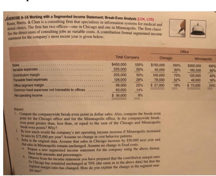 VEXERCISE 6-16 Working with a Segmented Income Statement; Break-Even Analysis (L04,