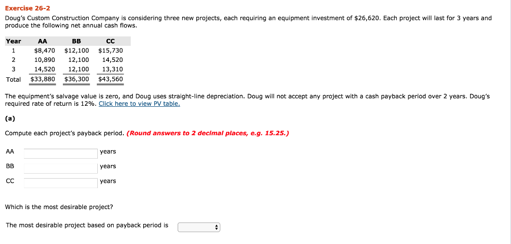 Can I get some help? Exercise 26-2 Doug's Custom Construction Company is