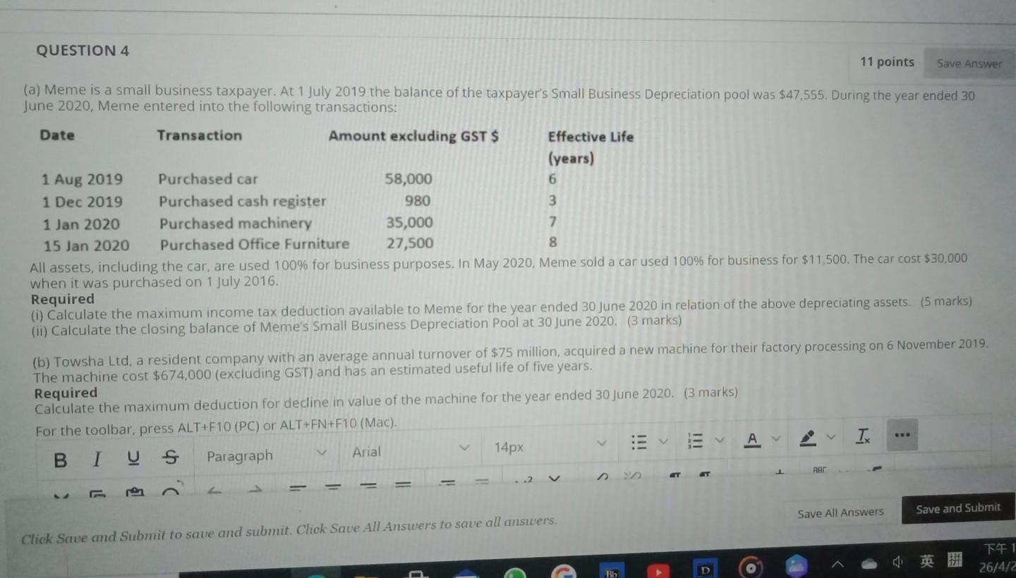Australia tax QUESTION 4 11 points Save Answer (a) Meme is