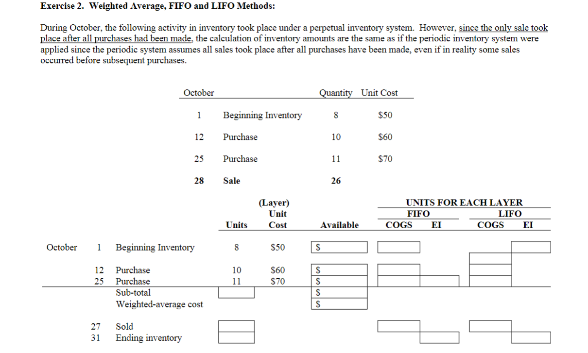  Exercise 2. Weighted Average, FIFO and LIFO Methods: During October, the