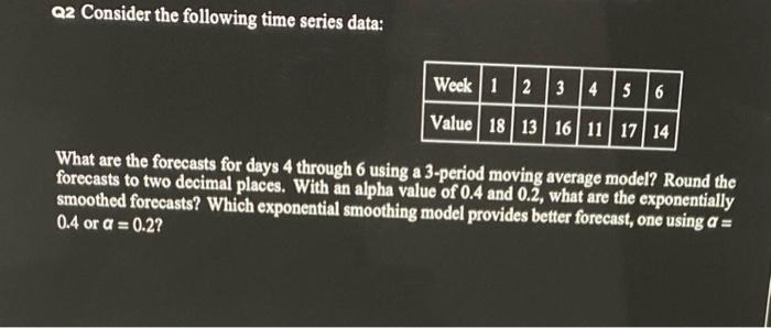  need answer asap Q2 Consider the following time series data: What