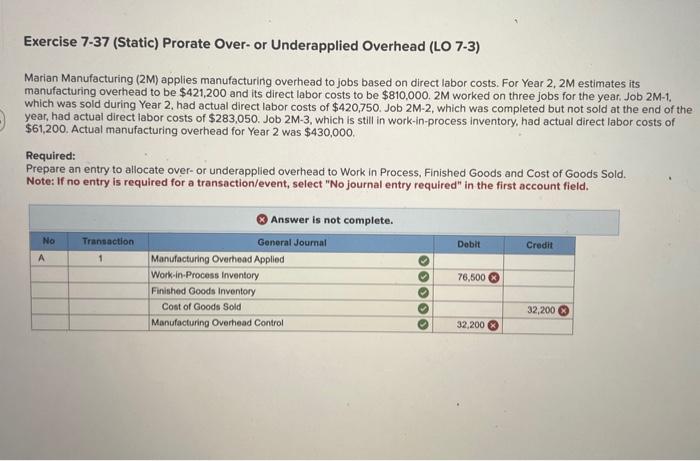 Can I get the correct answers please Exercise 7-37 (Static) Prorate Over-