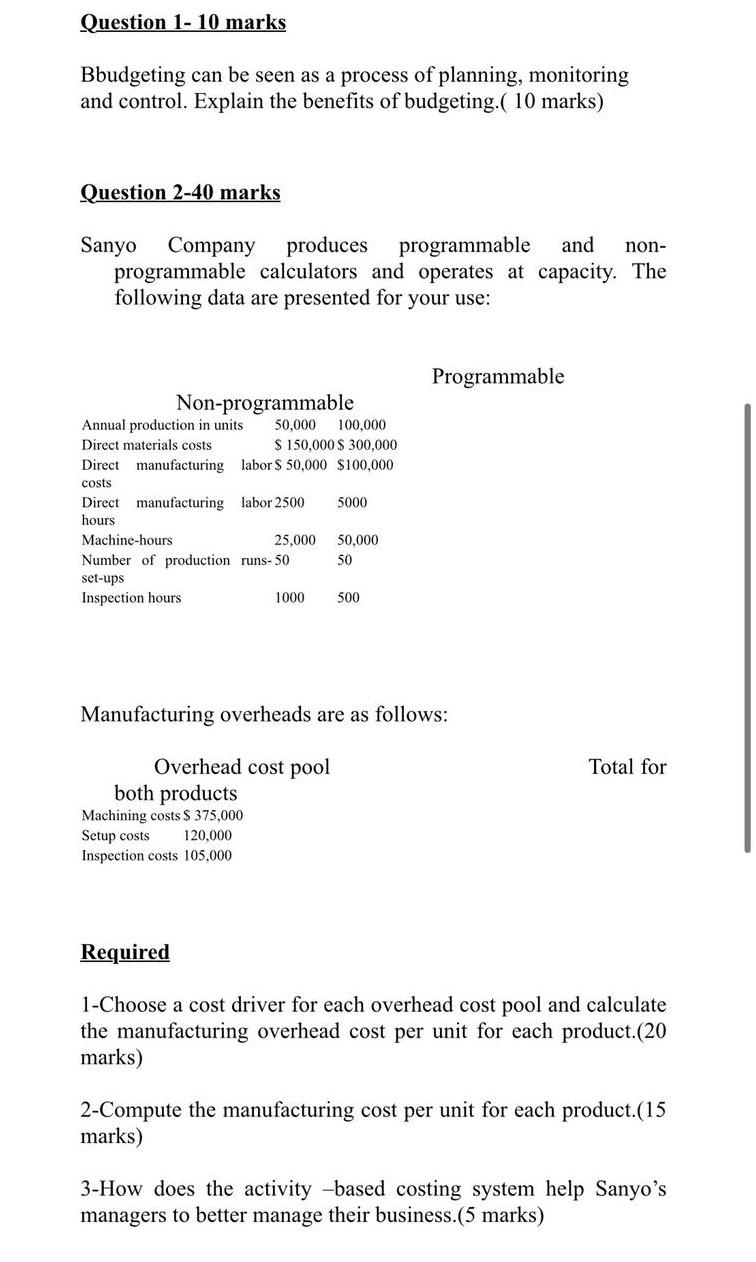 Question 1- 10 marks Bbudgeting can be seen as a process