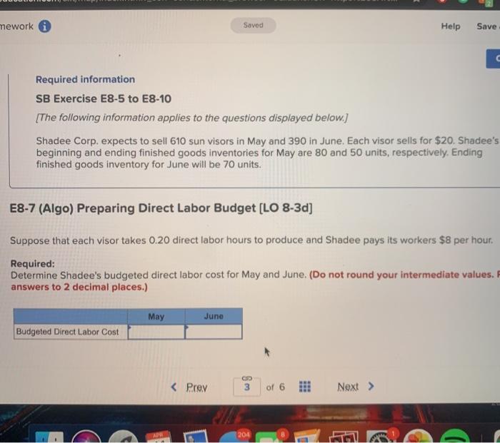  mework i Saved Help Save Required information SB Exercise E8-5 to