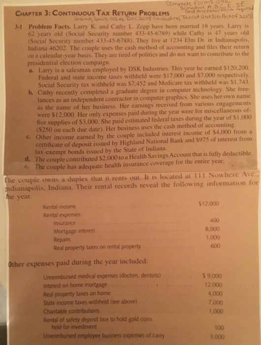  Farn BCLE, SE CHAPTER 3:CONTINUOUS TAX RETURN PROBLEMS 3-1 Problem Facts.