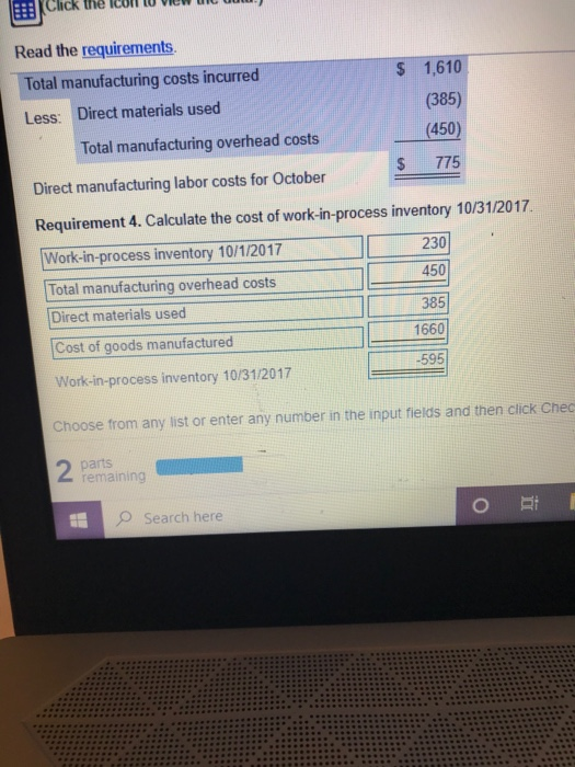 450 265 Direct materials inventory 10/1/2017 Direct materials purchased Direct materials used