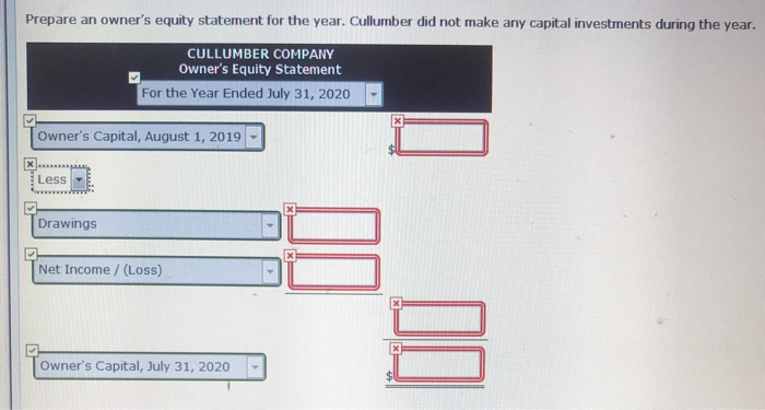 Prepare an owner's equity statement for the year. Cullumber did not