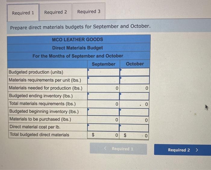 September and October. MCO LEATHER GOODS Direct Materials Budget For the Months