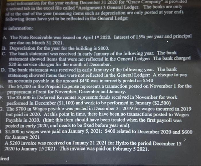 solution ncial information for the year ending December 31 2020 for "Grace