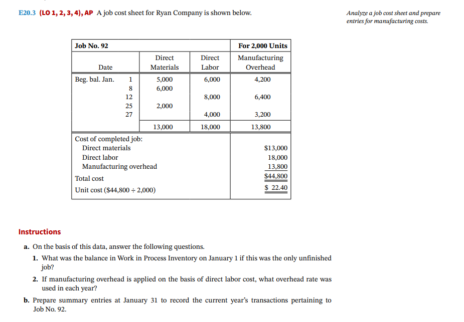 Please help me with this: Analyze a job cost sheet and prepare