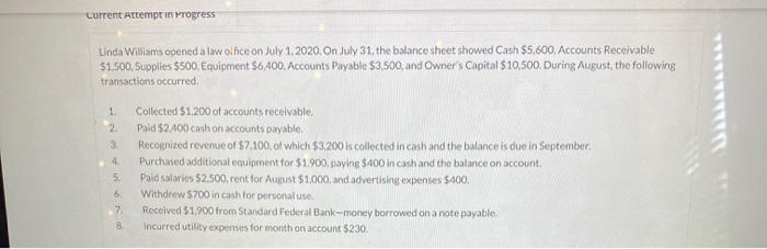  Current Attempt in Progress Linda Williams opened a law office on