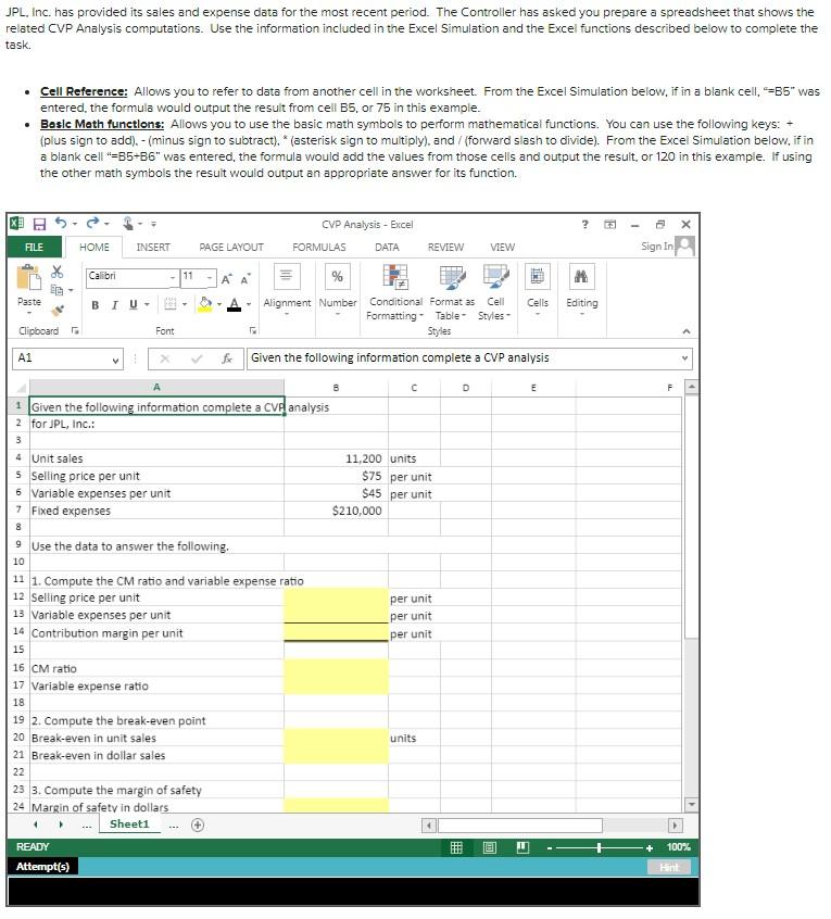 JPL, Inc. has provided its sales and expense data for the