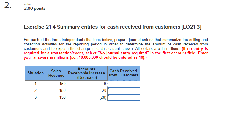  value: 2. 2.00 points Exercise 21-4 Summary entries for cash received
