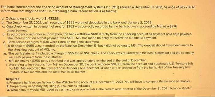 need parts 2 & 3 The bank statement for the checking account