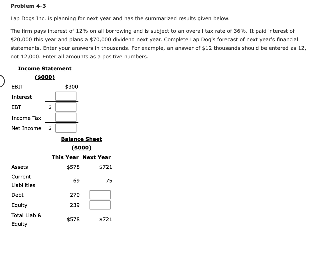  Problem 4-3 Lap Dogs Inc. is planning for next year and