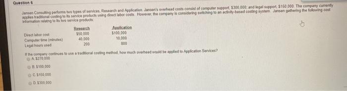  Question Jansen Consuling perform two types of services Research and Application,