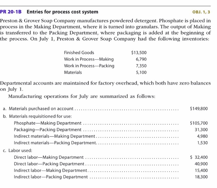  PR 20-1B Entries for process cost system Preston &Grover Soap Company