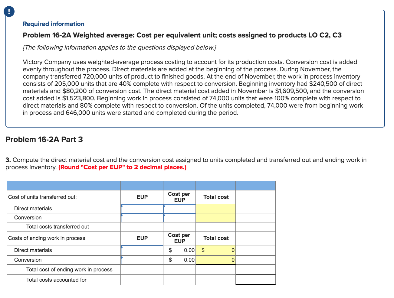 Victory Company uses weighted-average process costing to account for its production costs.