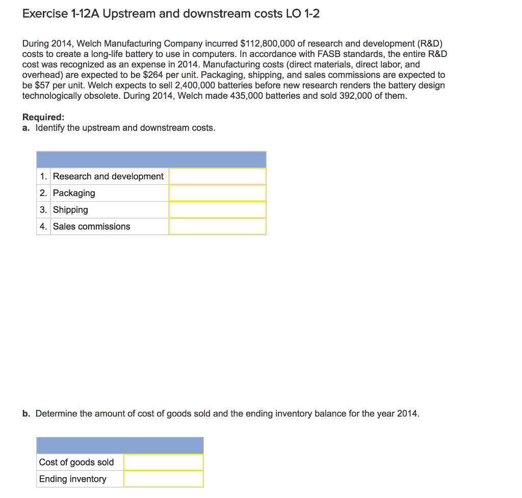 Please eplain answer thoroughly Exercise 1-12A Upstream and downstream costs LO 1-2