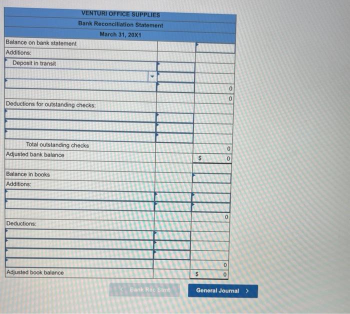 Venturi Office Supplies received a bank statement showing a balance of $73,027
