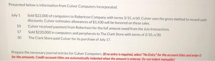  Presented below is information from Culver Computers Incorporated. July 1 Sold