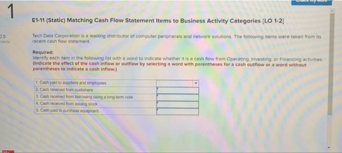  w 1 E1-11 (Static) Matching Cash Flow Statement items to Business
