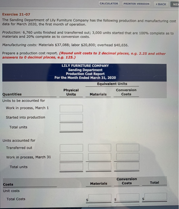  PRINTER VERSION CALCULATOR 4 BACK NEX Exercise 21-07 The Sanding Department