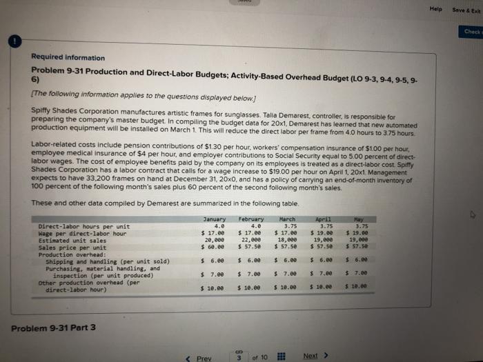  Help Save & E Cheek Required information Problem 9-31 Production and