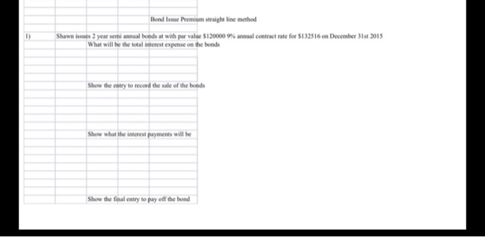  Bond Issue Premium straight line method Shawn issues 2 year semiannual