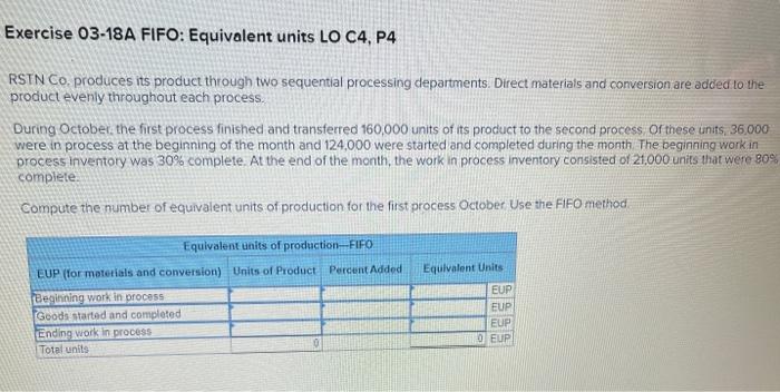  Exercise 03-18A FIFO: Equivalent units LO C4, P4 RSTN Co, produces