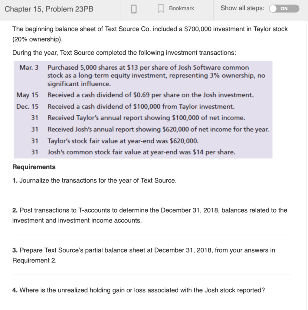  Chapter 15, Problem 23PB Bookmark Show all steps ON The beginning