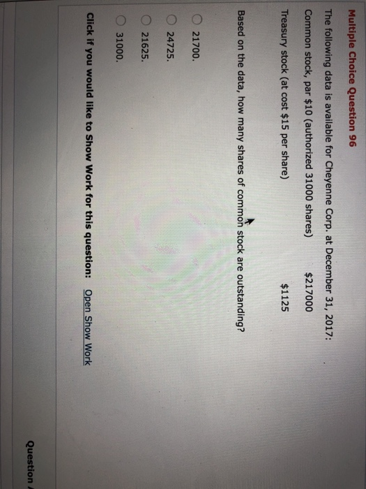  Multiple Choice Question 96 The following data is available for Cheyenne