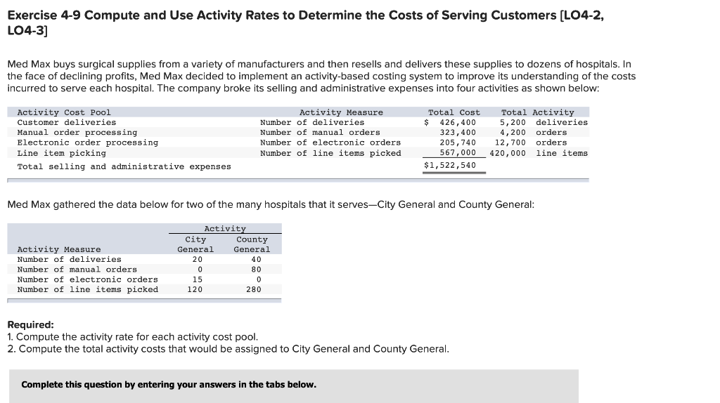  Exercise 4-9 Compute and Use Activity Rates to Determine the Costs